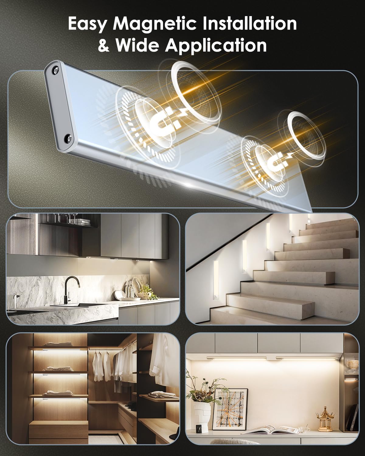 VerRon Under Cabinet Lighting, 12inch Motion Sensor Light Indoor, 5-Pack | Dimmable, 2200mAh Rechargeable, LED Closet