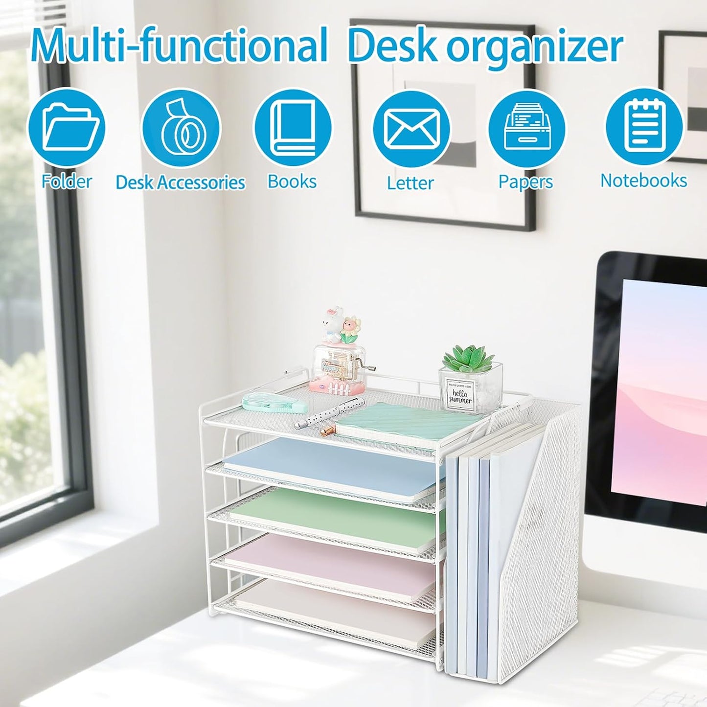 AUPSEN Desk Organizers and Accessories, 5-Tier Desktop Paper File Organizer with Removable File Holder, Desk