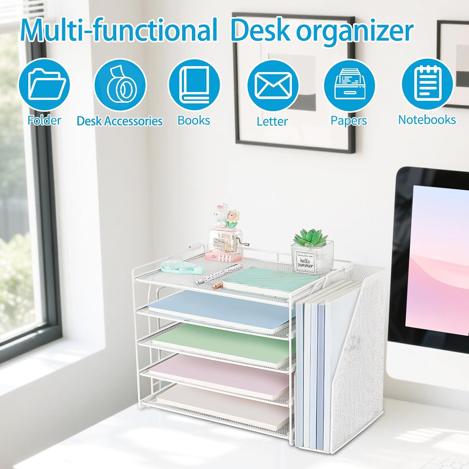 AUPSEN Desk Organizers and Accessories, 5-Tier Desktop Paper File Organizer with Removable File Holder, Desk