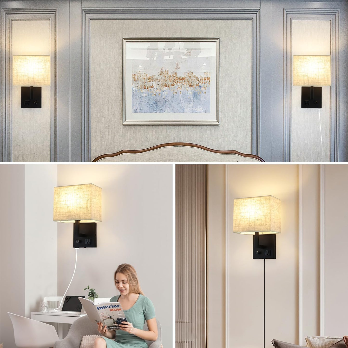Bedside Wall Mount Light with Outlet and Dimmable Switch, Black Fabric Shade Wall Sconce Light with USB Port and Plug