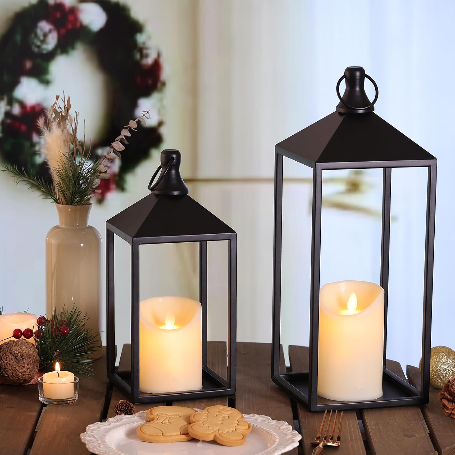 2 Pcs Black Decorative Metal Lanterns Farmhouse Lantern Decor with Candles | 15" 11" Outdoor Candle Lanterns for
