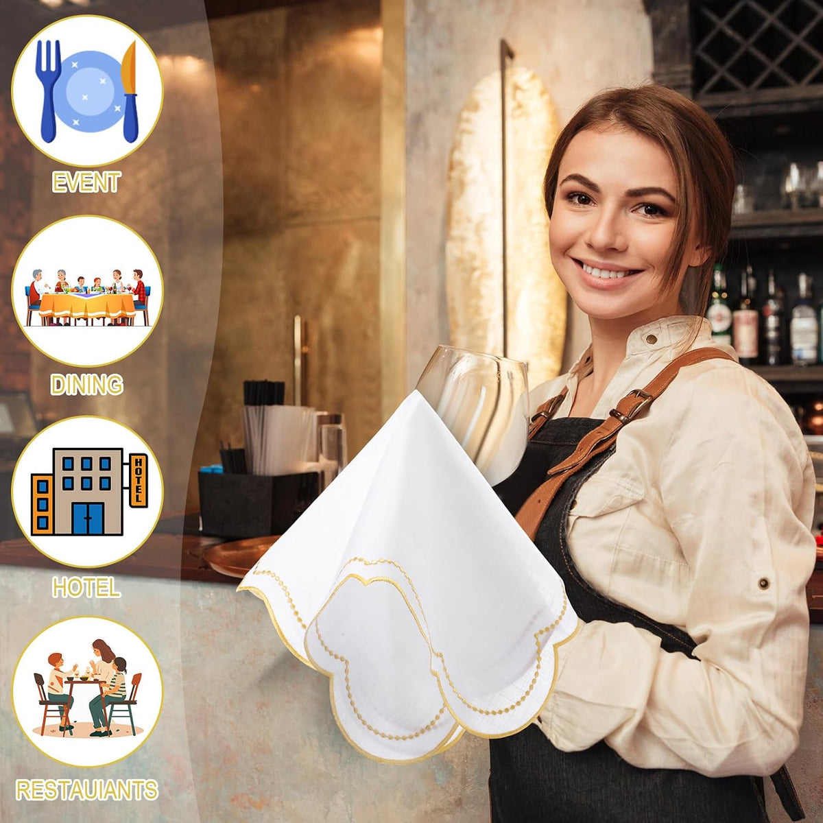 Hahafelt Cloth Napkins 18x18inches Scalloped Embroidery Cloth Napkins Washable Polyester Table Dinner for Hotel