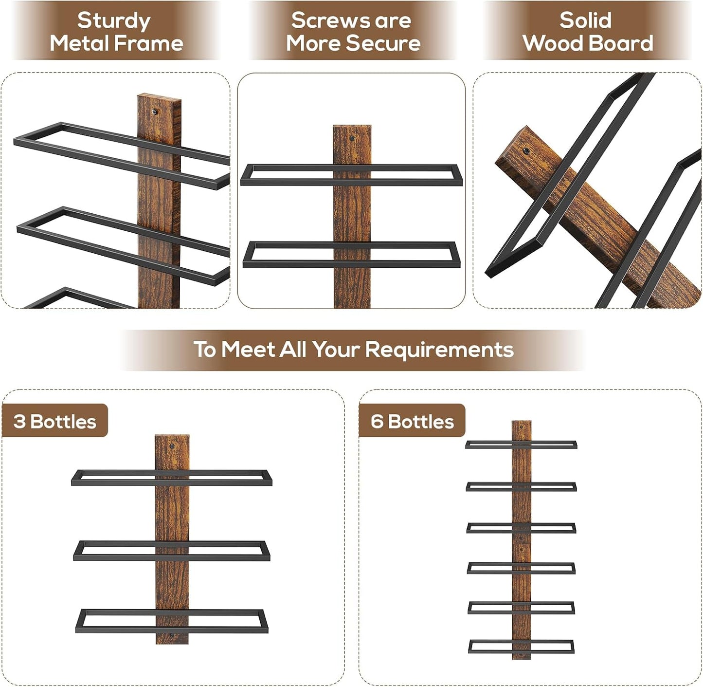 B4Life Wall Mounted Wine Rack for 6 Bottles Wood & Metal Storage | Small Space And Apartments Wine Selection