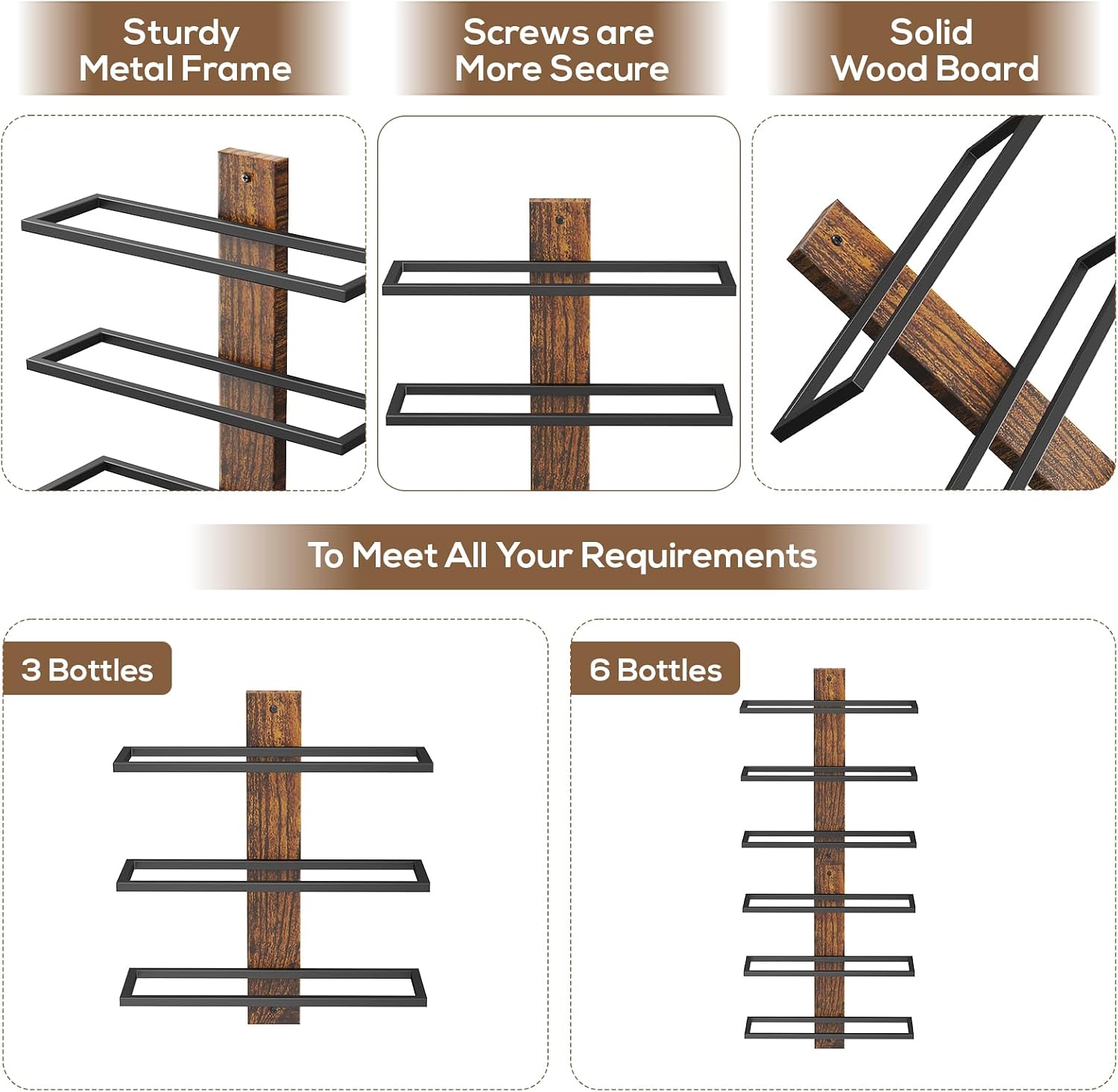 B4Life Wall Mounted Wine Rack for 6 Bottles Wood & Metal Storage | Small Space And Apartments Wine Selection