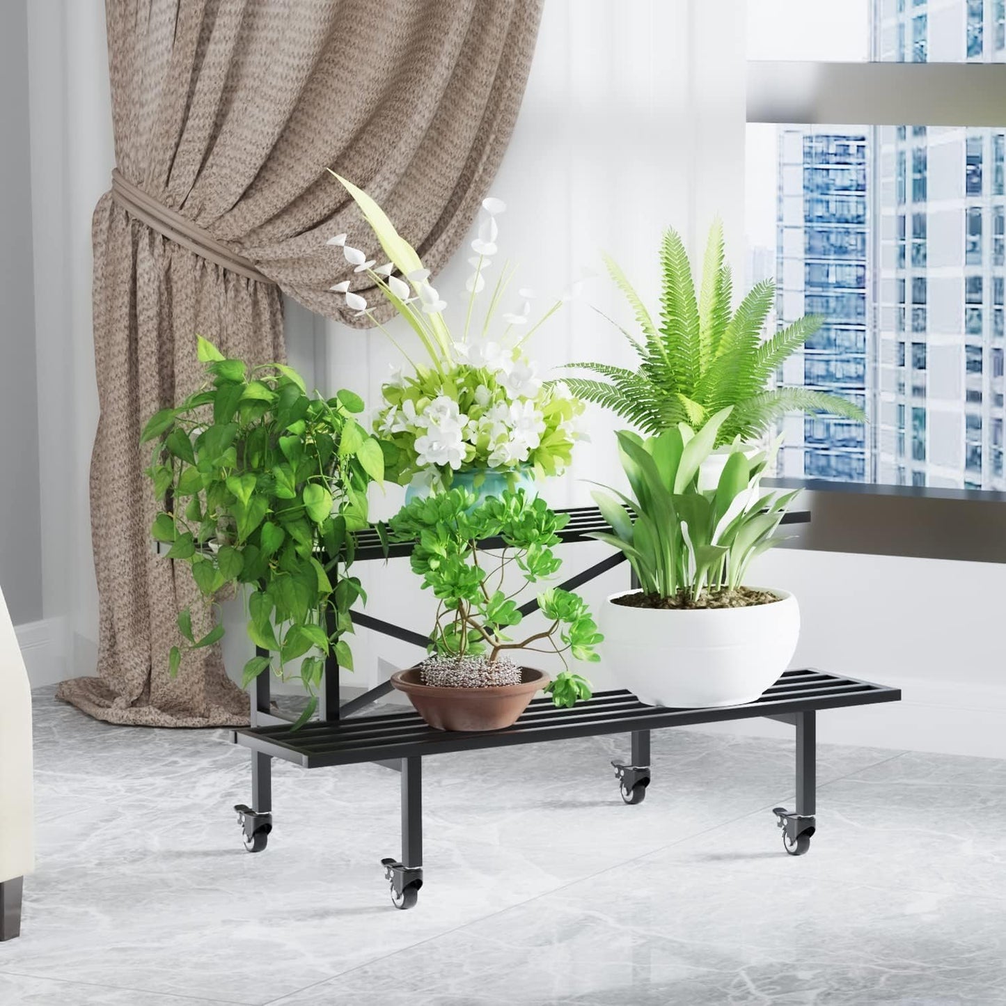 Zhongma 2 Tier Sturdy Metal Plant Stand with Wheels Heavy Duty Plant Holder for Home Indoor and Outdoor,L45.67 x W17.5