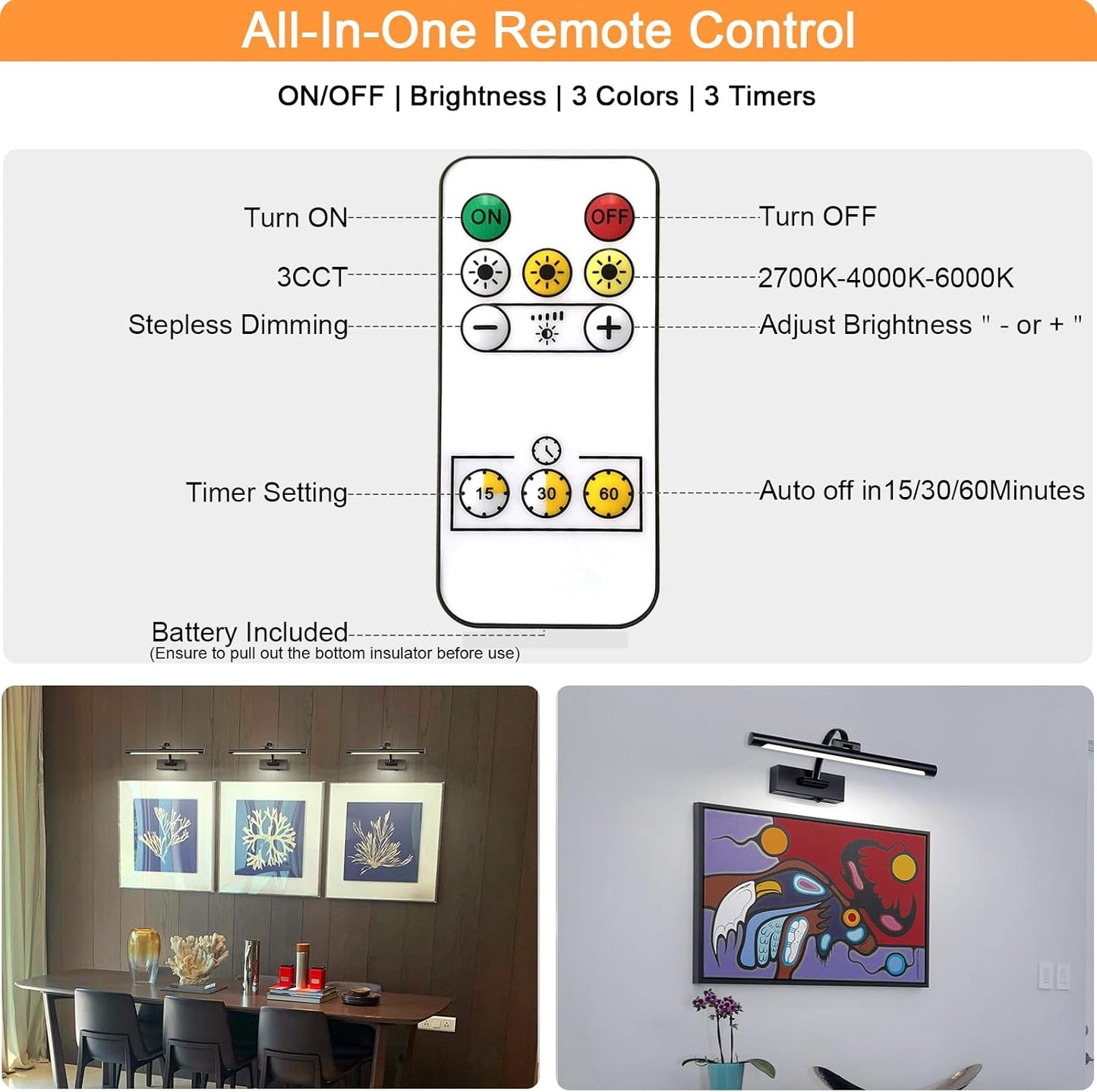 Tassuowell Wireless Battery Operated Picture Light,Rechargeable Wall Light with Remote and Timer,15.75 Inch Black