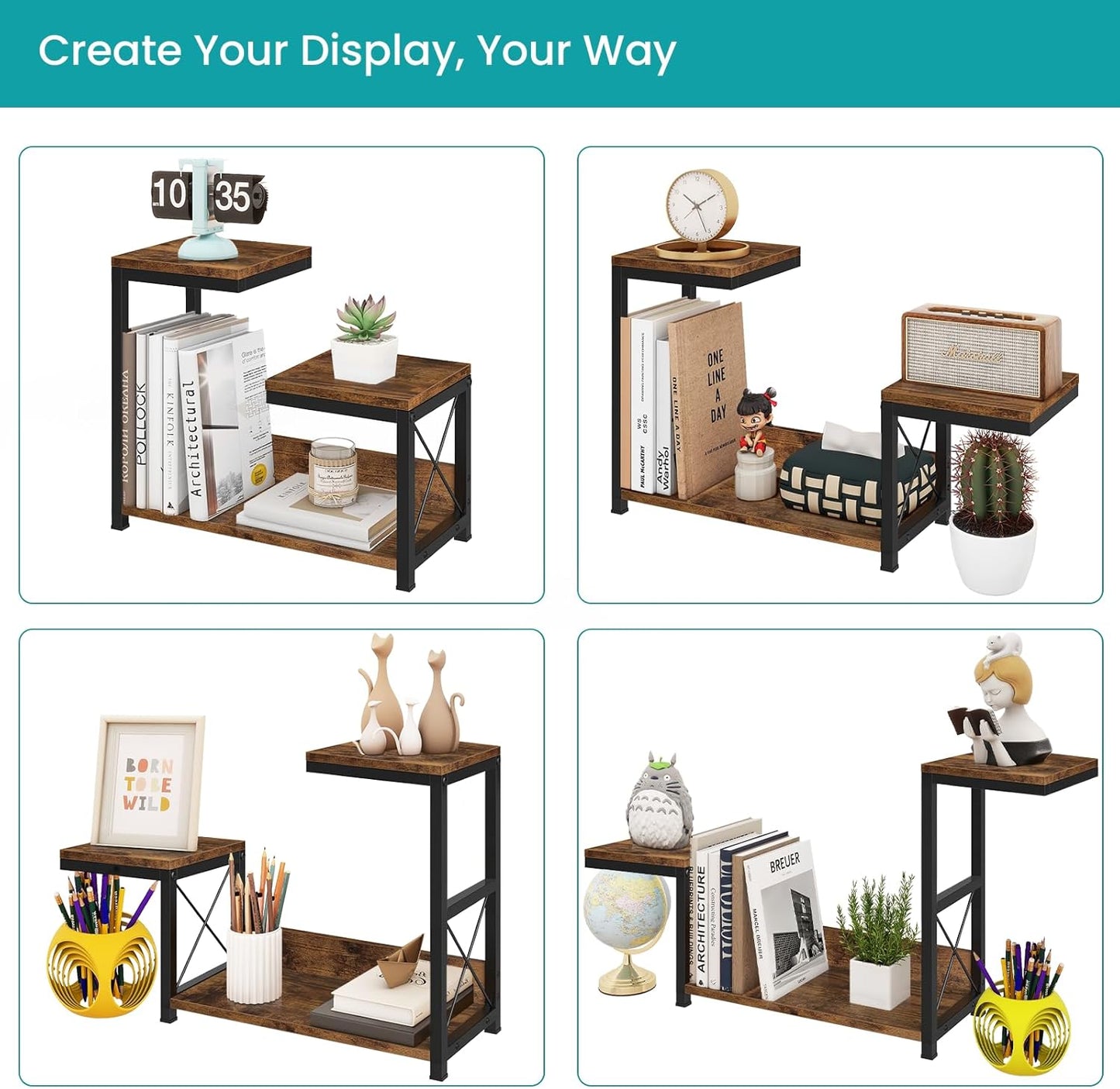 Wood Desk Organizers Storage Rack and Freestanding Display / Rustic Brown