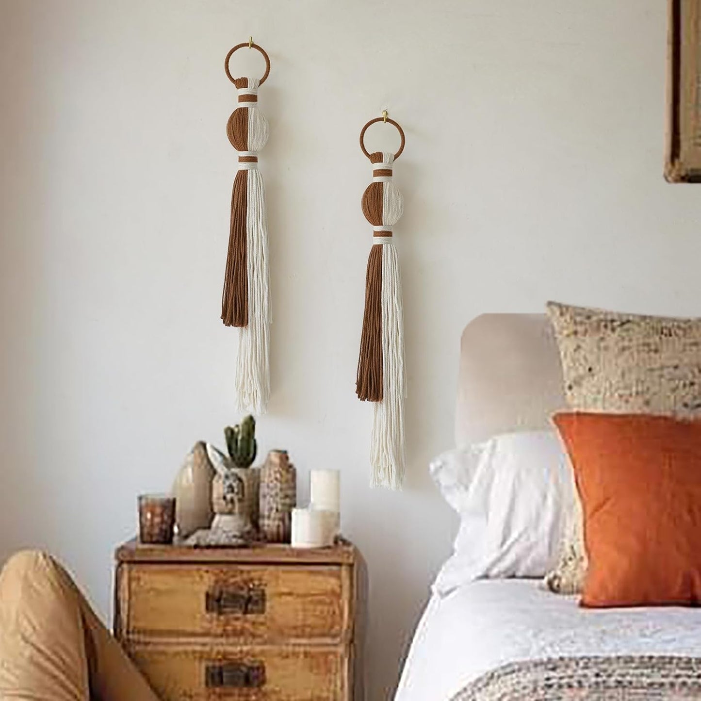 Macrame Wall Hanging Boho Home Decor Fiber Art / Ivory and Brown / Set of 2