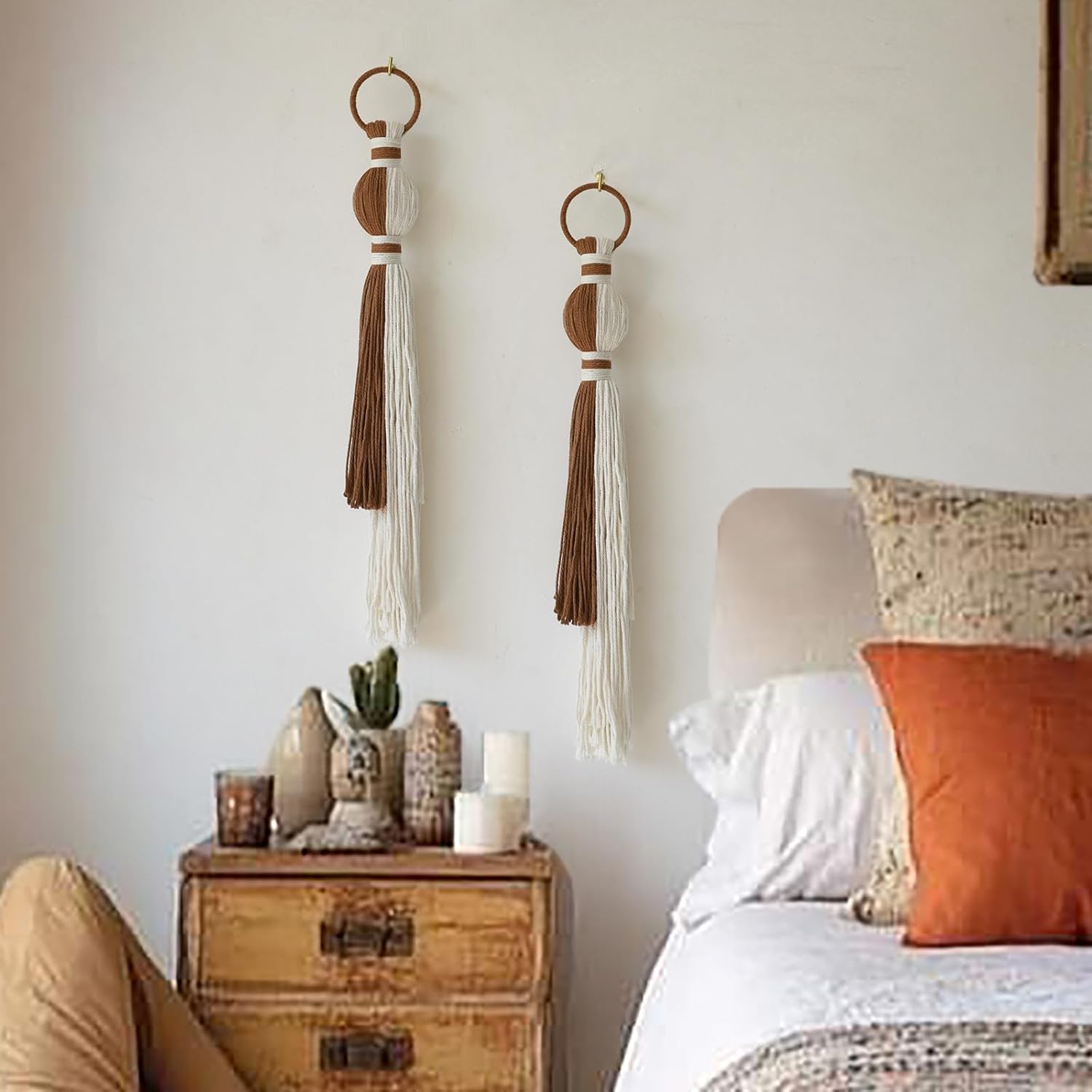 Macrame Wall Hanging Boho Home Decor Fiber Art / Ivory and Brown / Set of 2