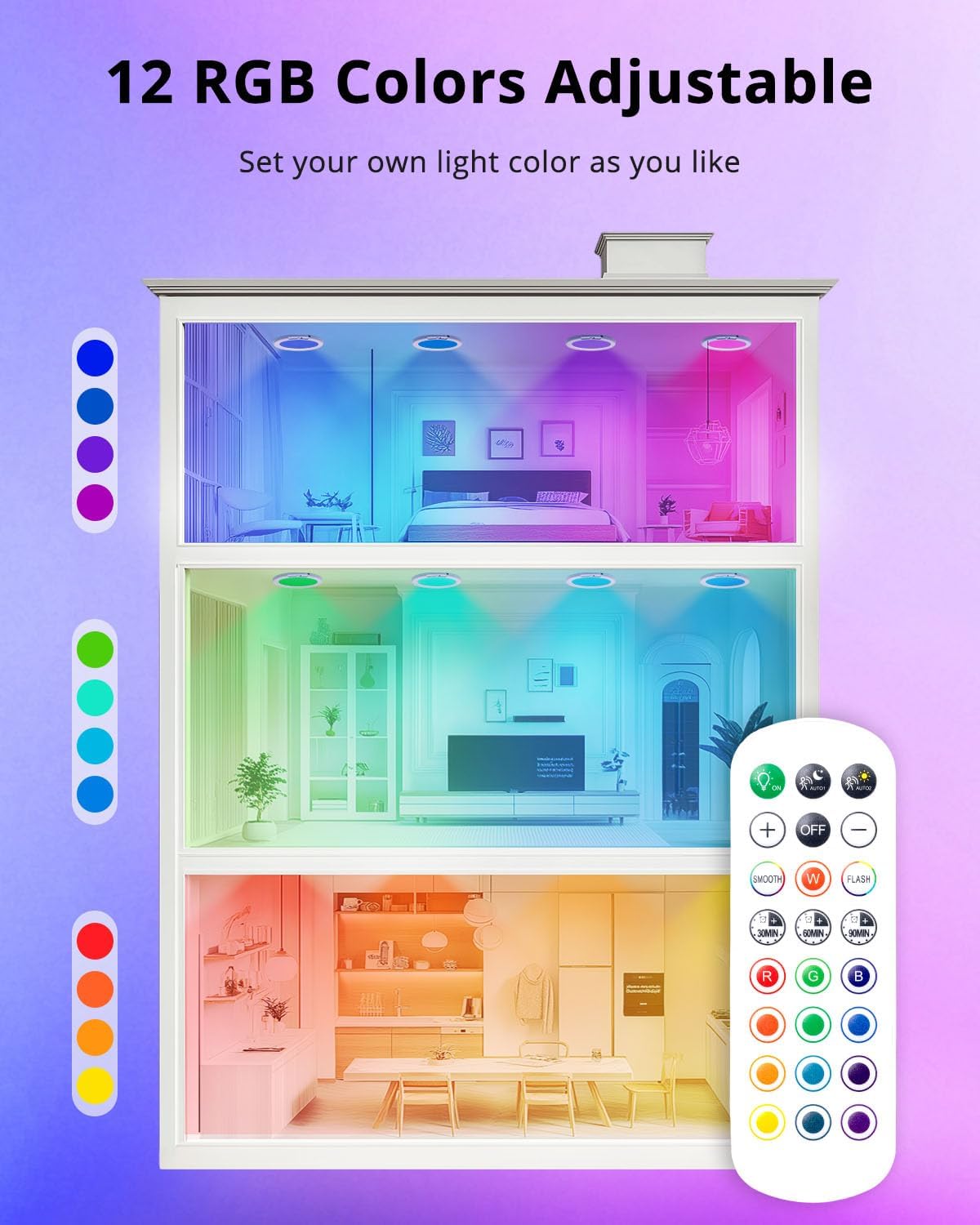 wowatt RGB Rechargeable Shower Lights for Inside Shower Waterproof IP44 | 12 RGB Colors&White Battery Ceiling Lights