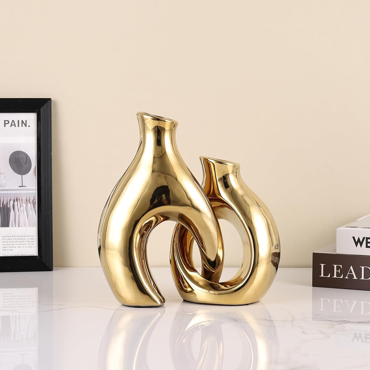 Ceramic Vase / Abstract Intertwined Sculptural Vases / Gold / Set of 2