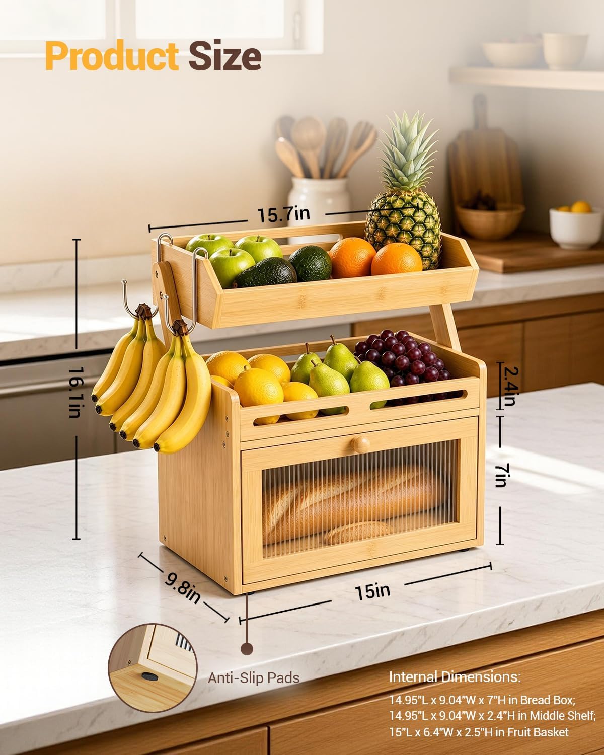 Bread Box for Kitchen Countertop, Bamboo Bread Storage with Fruit Basket | Raised-Rail Shelves, 2 Banana Hooks, Clear