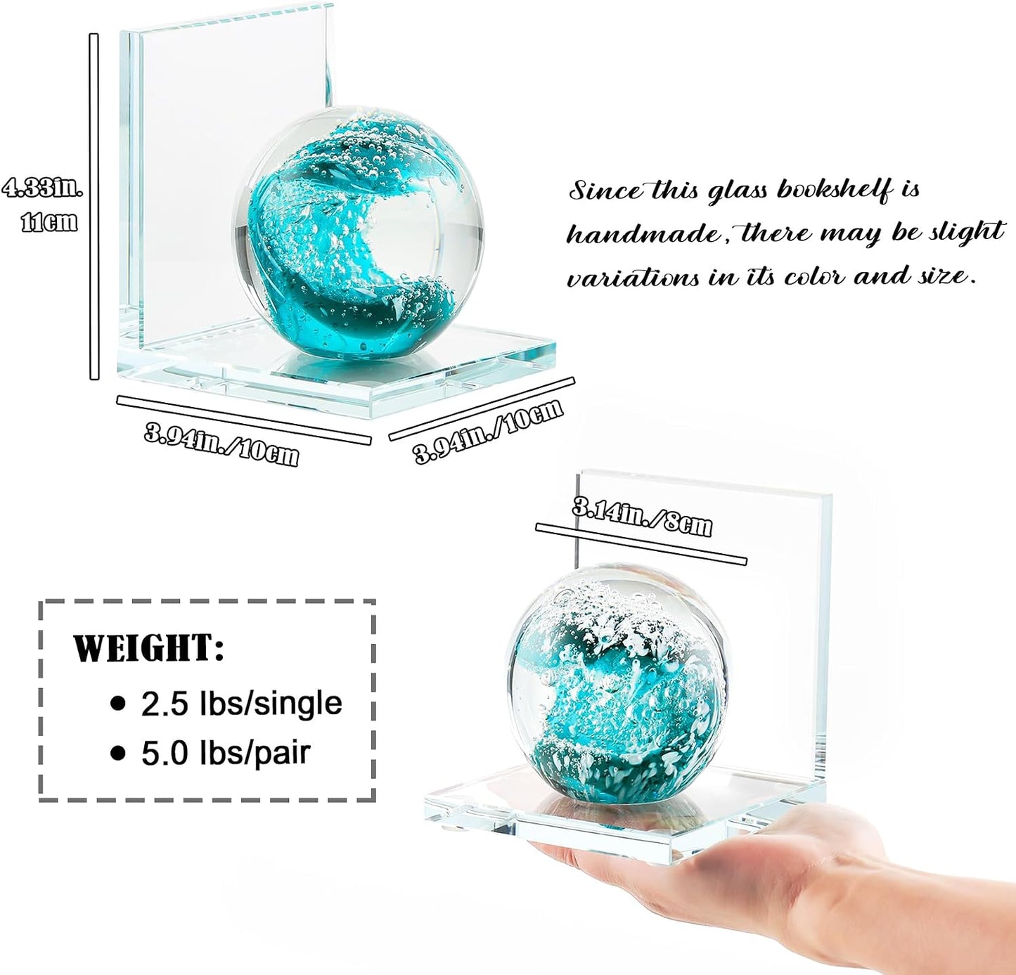 Hand Blown Ocean Waves Ball Glass Decorative Non Skid Bookends / Dark Green