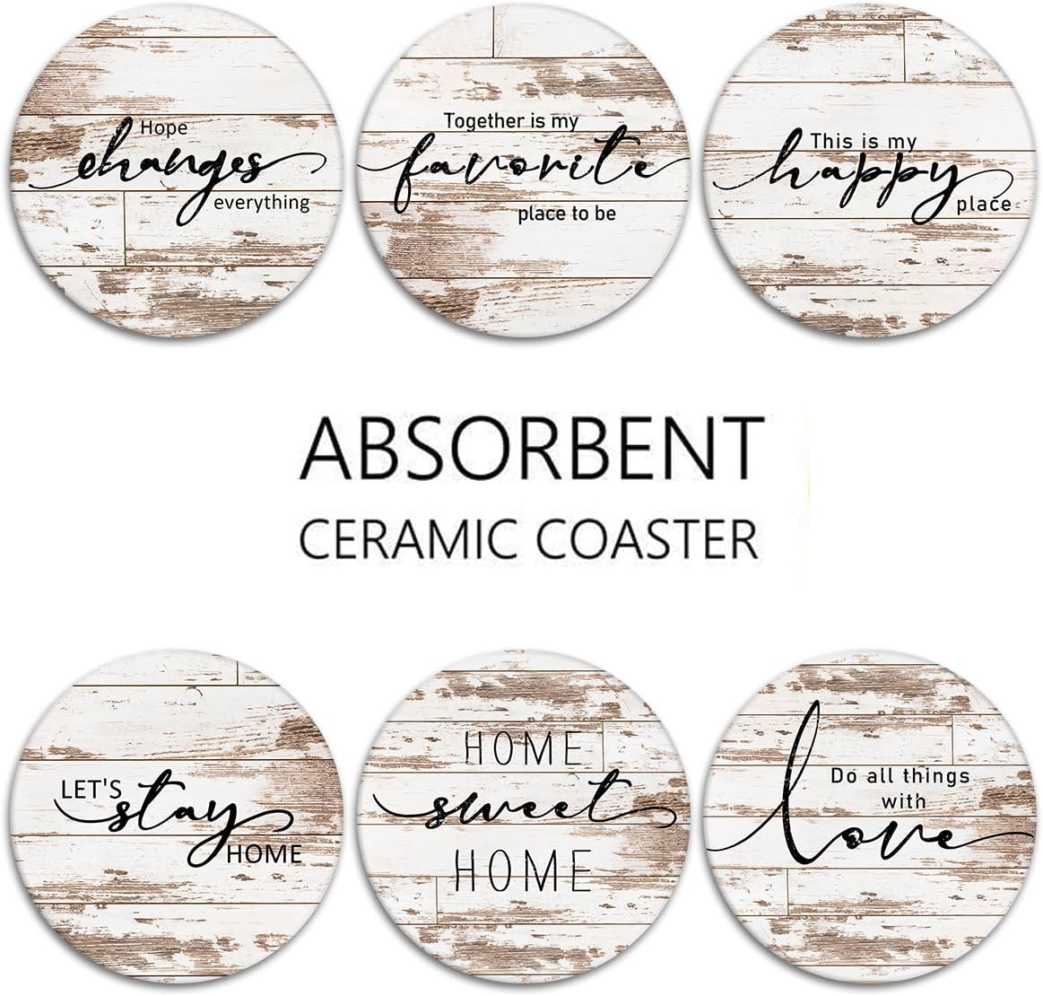 Vintage Farmhouse Home Happy Saying Absorbent Round Ceramic Stone Mat / Rusty Wood / Set of 6