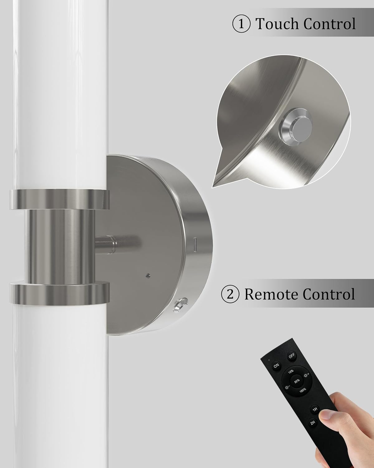Rayogale Nickel Wireless Battery Operated Wall Sconces with Remote | White Glass Rechargeable Wall Lights Set of 2 with