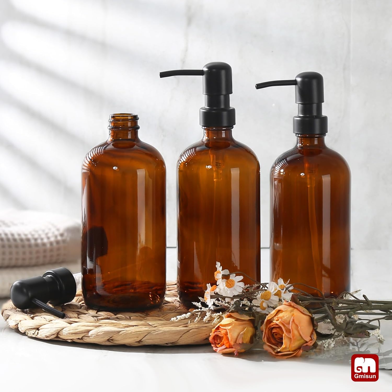 GMISUN Shampoo and Conditioner Dispenser, 3 Pack Amber Glass Bathroom Shampoo Conditioner Body Wash Dispenser with Pump