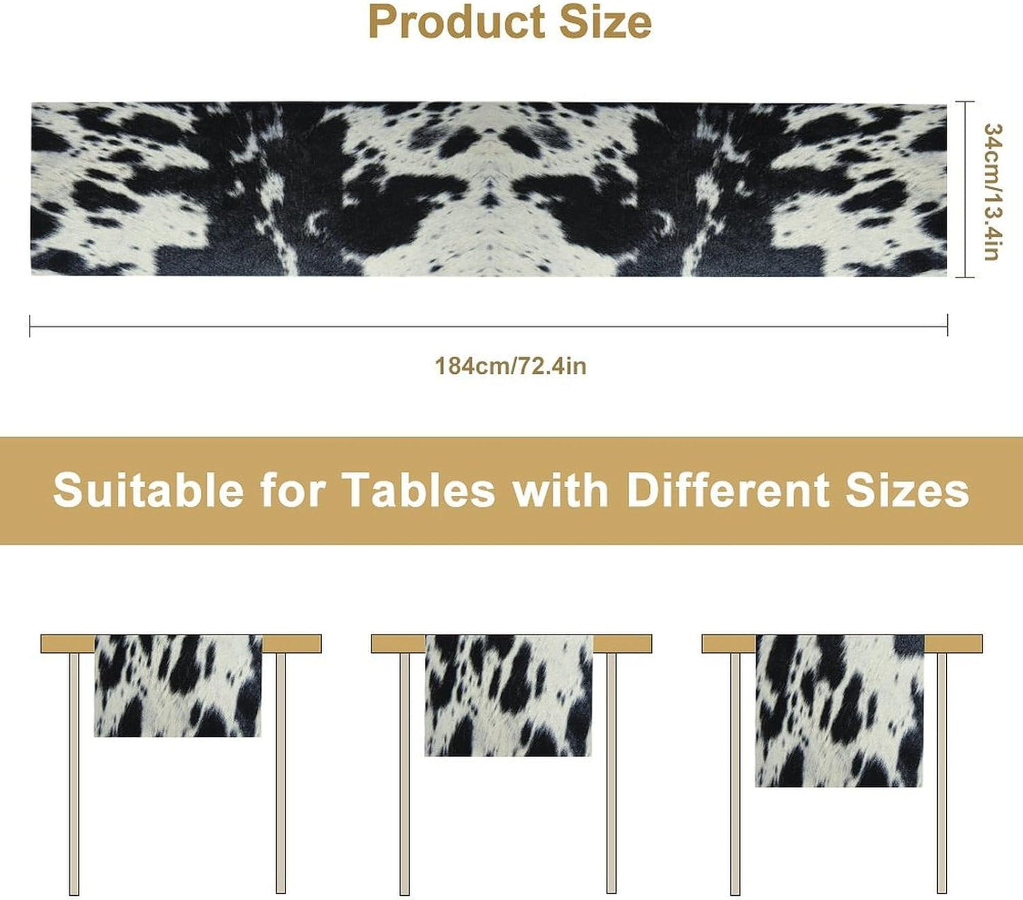 Cow Print Table Runner - Black White Cowhide Western Style Country Farmhouse Patterns Printed Linen for Home Kitchen