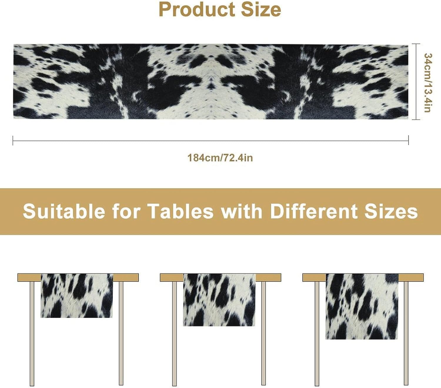 Cow Print Table Runner - Black White Cowhide Western Style Country Farmhouse Patterns Printed Linen for Home Kitchen