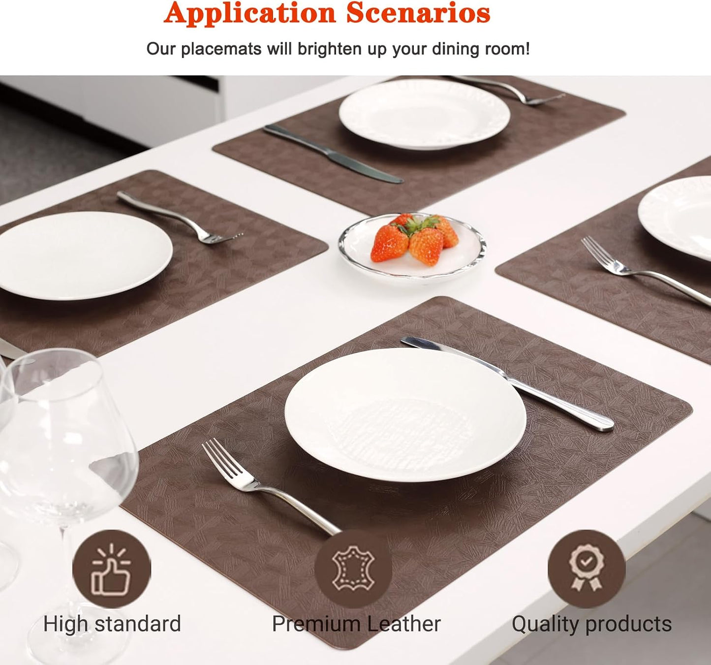 Brown Vinyl Placemats Set of 8 Waterproof Wipeable Table Mats | Heat Resistant Easy Clean Place Mats Faux Leather Table