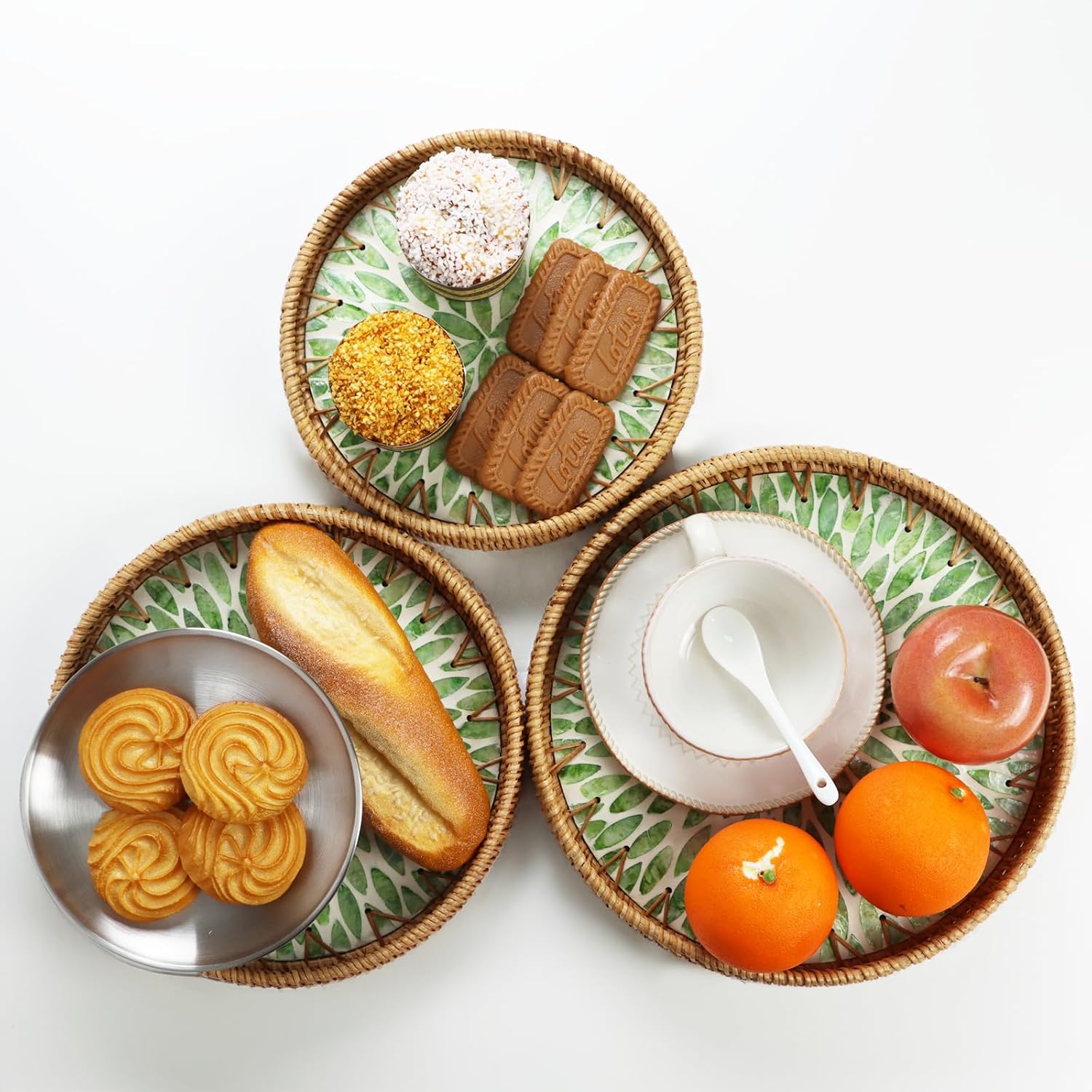 Rattan Tray / Round Serving Trays / Green Leaf / Set of 11