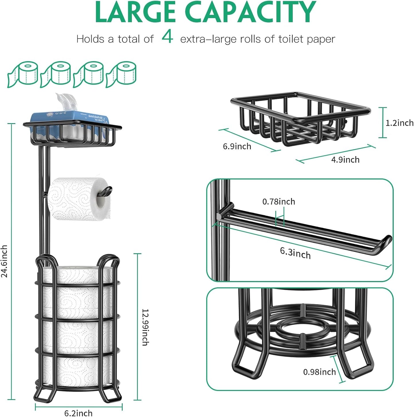 TomCare Toilet Paper Holder Free Standing with Shelf, Stable 4 Raised Feet | Stores 4 Mega Rolls, Tool-Free Assembly