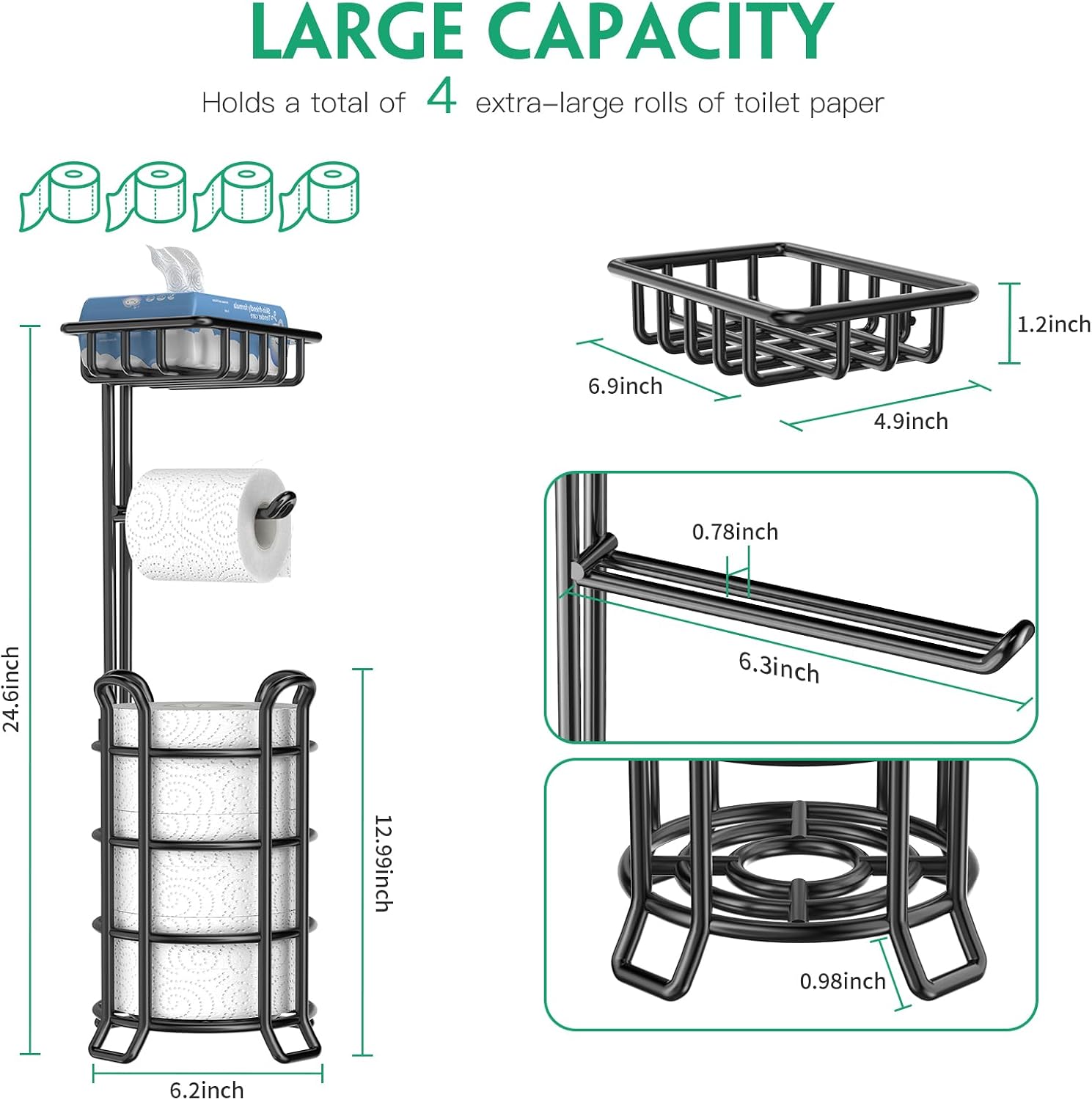 TomCare Toilet Paper Holder Free Standing with Shelf, Stable 4 Raised Feet | Stores 4 Mega Rolls, Tool-Free Assembly