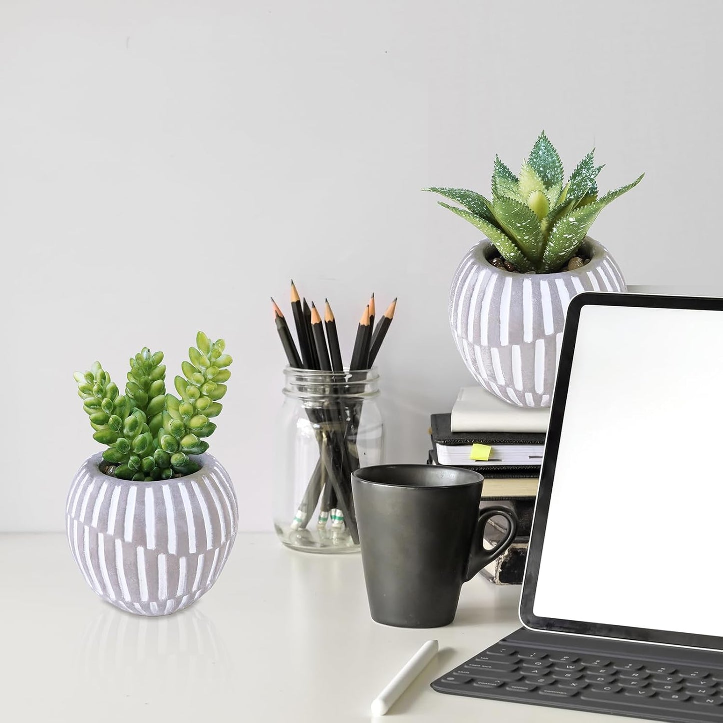 Artificial Succulents Plants in Mini Gray and White Geometric Cement Pots / Gray Pots / Set of 3