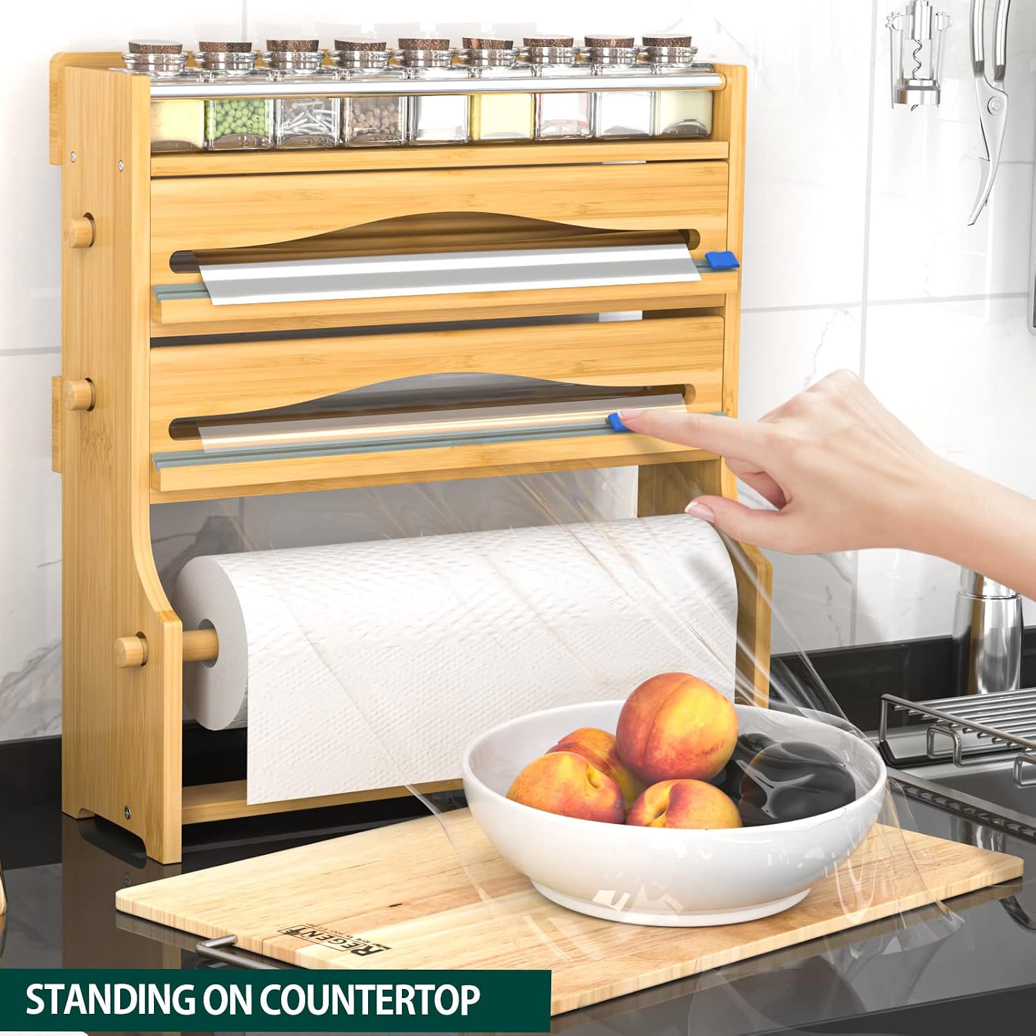Foil Plastic Wrap Organizer Dispenser - Wall Mounted Bamboo Kitchen Paper Towel Holder with Spice Shelf,4 in 1 12" Roll