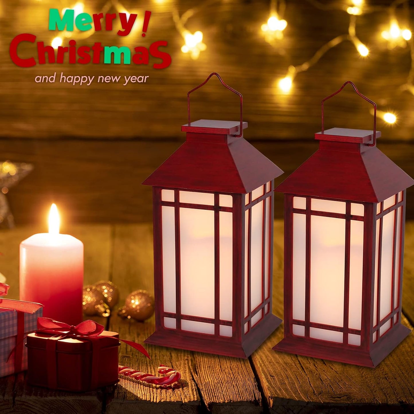 Christmas Lanterns Decorative,2pcs Red Lanterns Decorative Outdoor,Decorative Candle Lanterns Flameless Hanging Lights