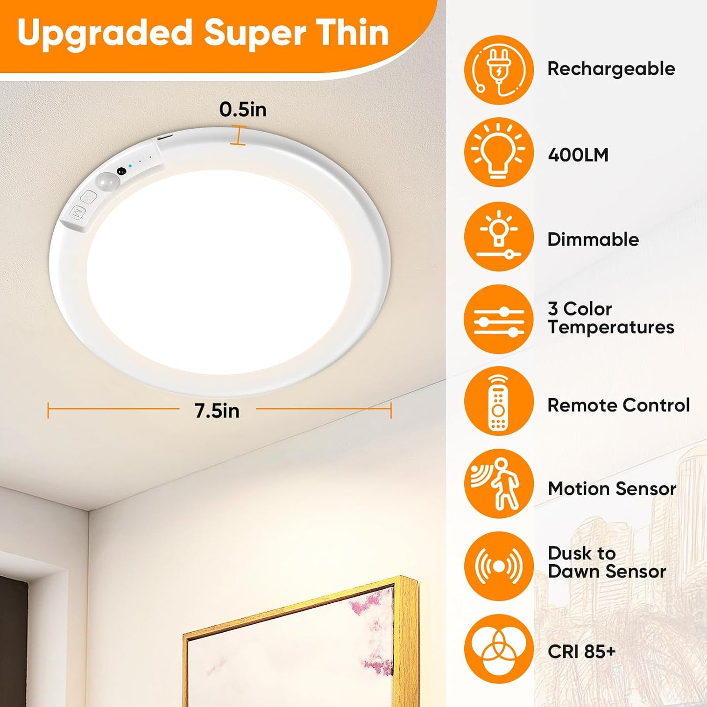 Rechargeable Motion Sensor Ceiling Light, Battery Operated Closet Light