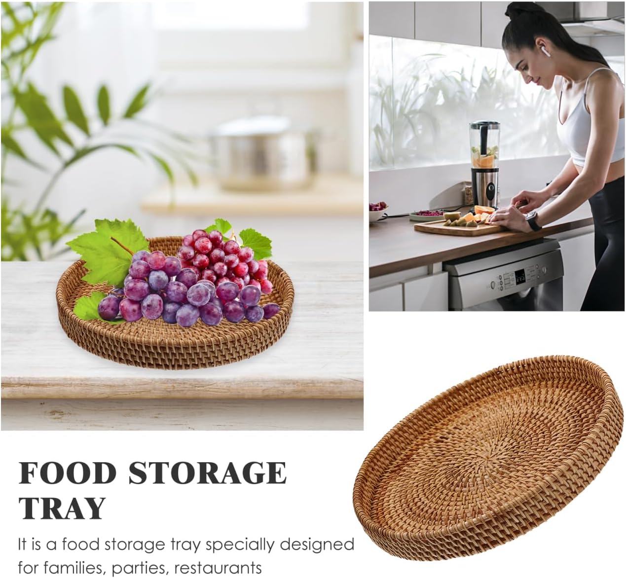 Round Rattan Tray / 8.7" Woven Wicker Serving Basket for Bread Fruit & Snacks