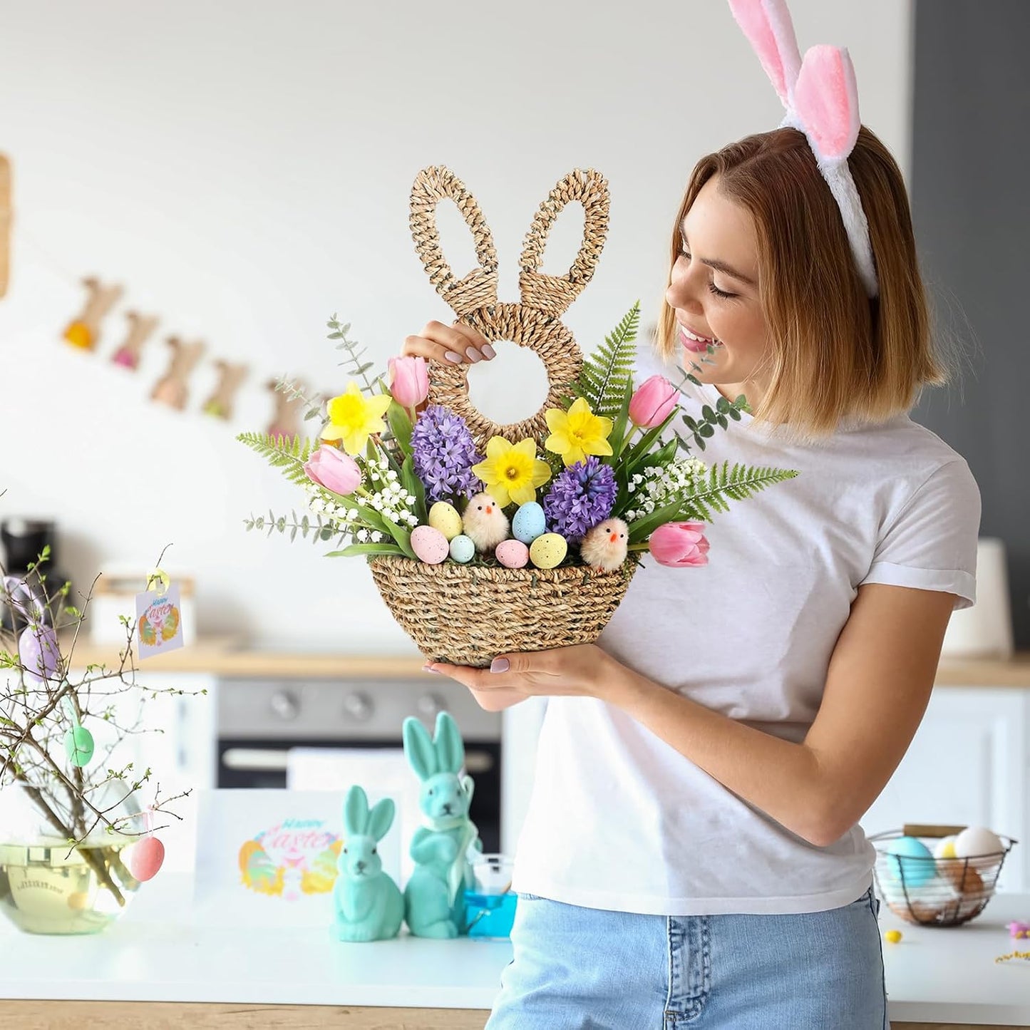 Easter Bunny Basket Easter Bunny Woven Wicker Basket Hanging Wall Rabbit Pocket / 16.1 Inch