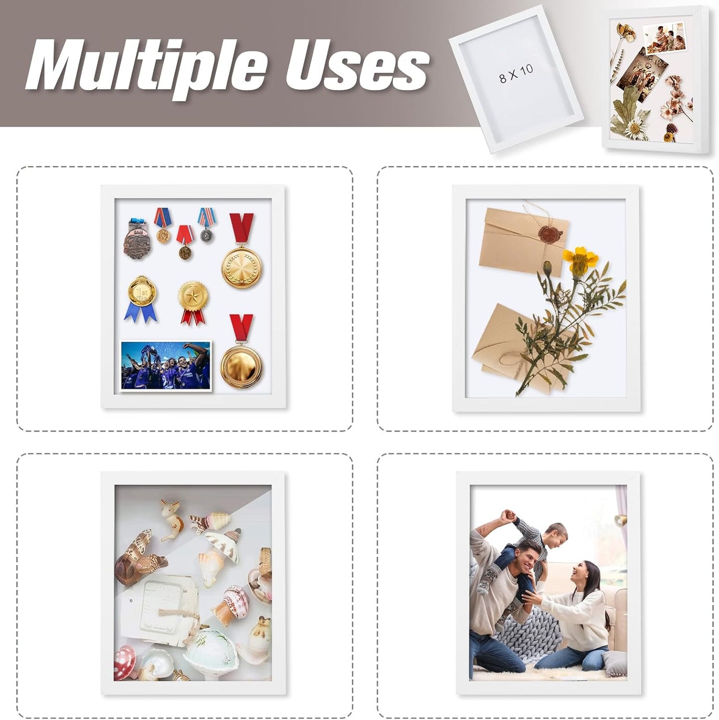 Muzilife 8x10 Shadow Box 3D Picture Frames, Wood & Glass, 3 Pack, White | FSC-Certified MDF | With Stand | Tabletop or