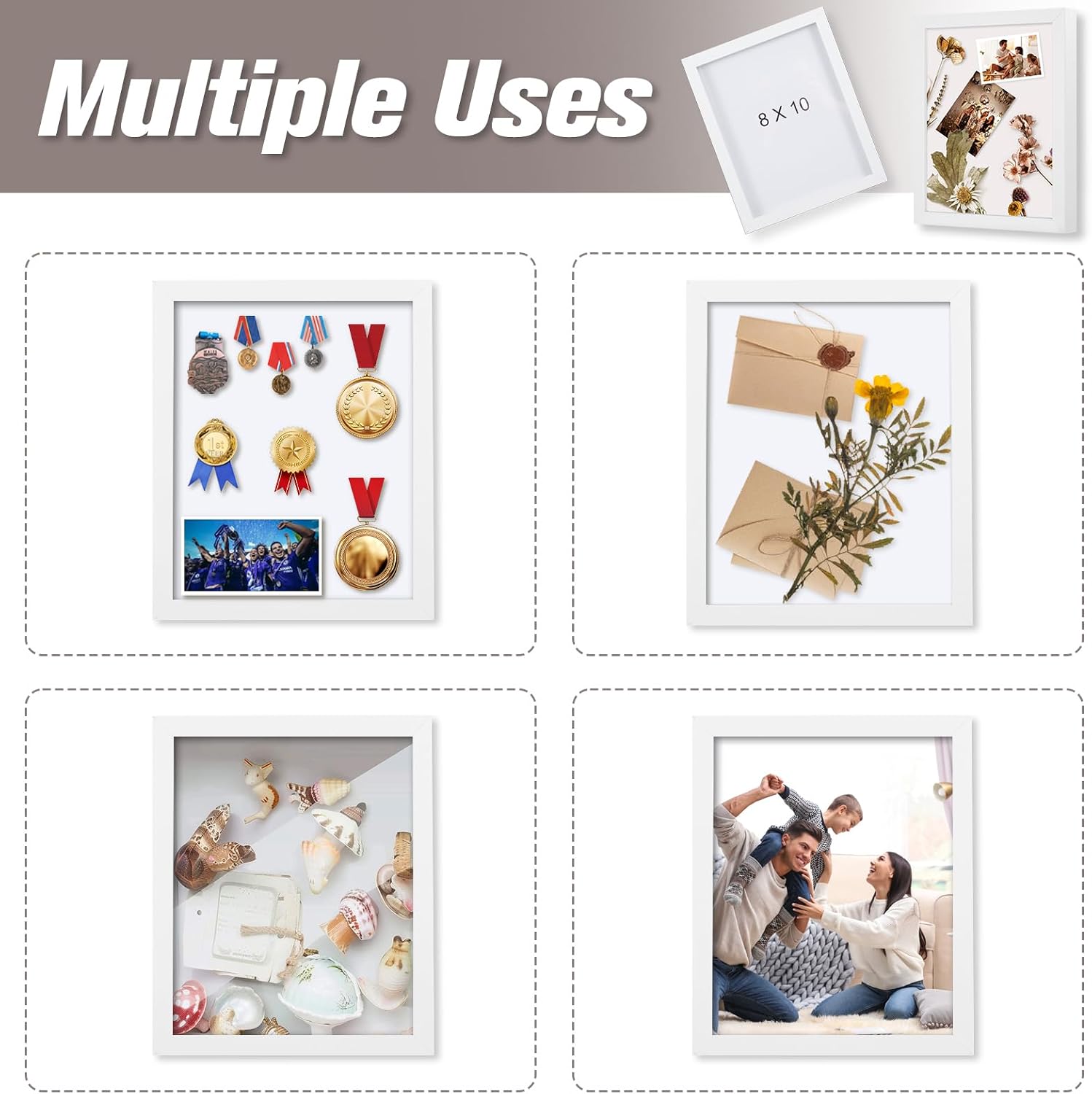 Muzilife 8x10 Shadow Box 3D Picture Frames, Wood & Glass, 3 Pack, White | FSC-Certified MDF | With Stand | Tabletop or