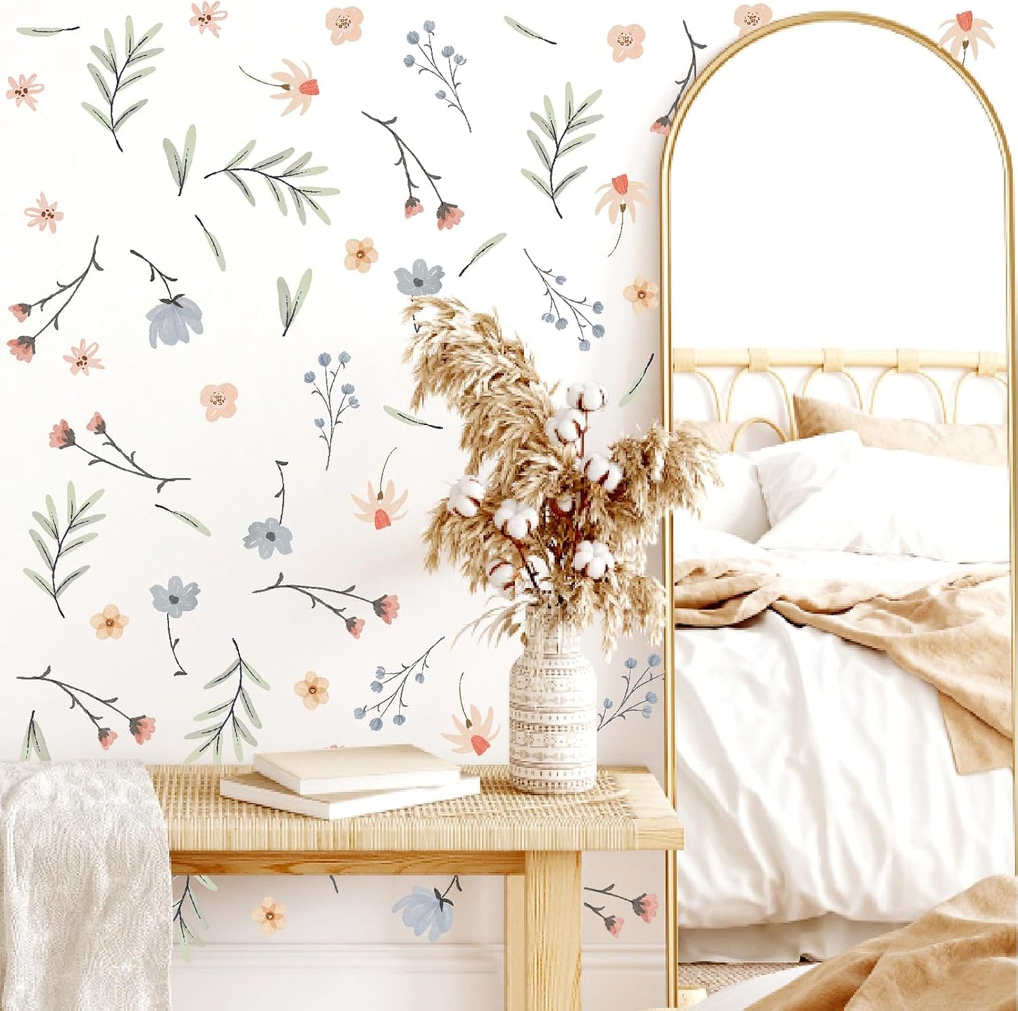 Boho Floral Wall Decals Small Flower Leaf Wall Sticker Botanical Plant / Boho Wallpaper / Green