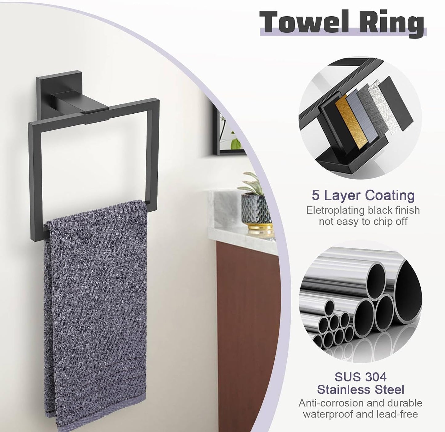 Matte Black Towel Bar Set 5-Piece Bathroom Hardware Accessories Set,23.6 Inch Modern Towel Holder Set SUS304 Stainless