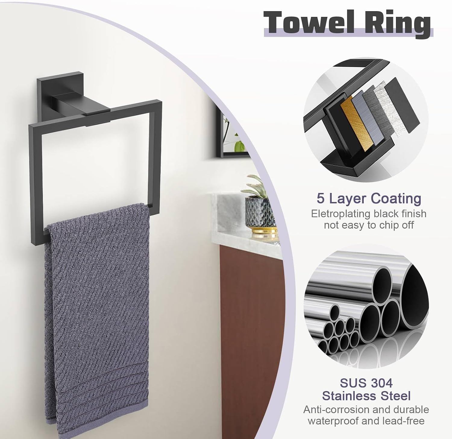 Matte Black Towel Bar Set 5-Piece Bathroom Hardware Accessories Set,23.6 Inch Modern Towel Holder Set SUS304 Stainless