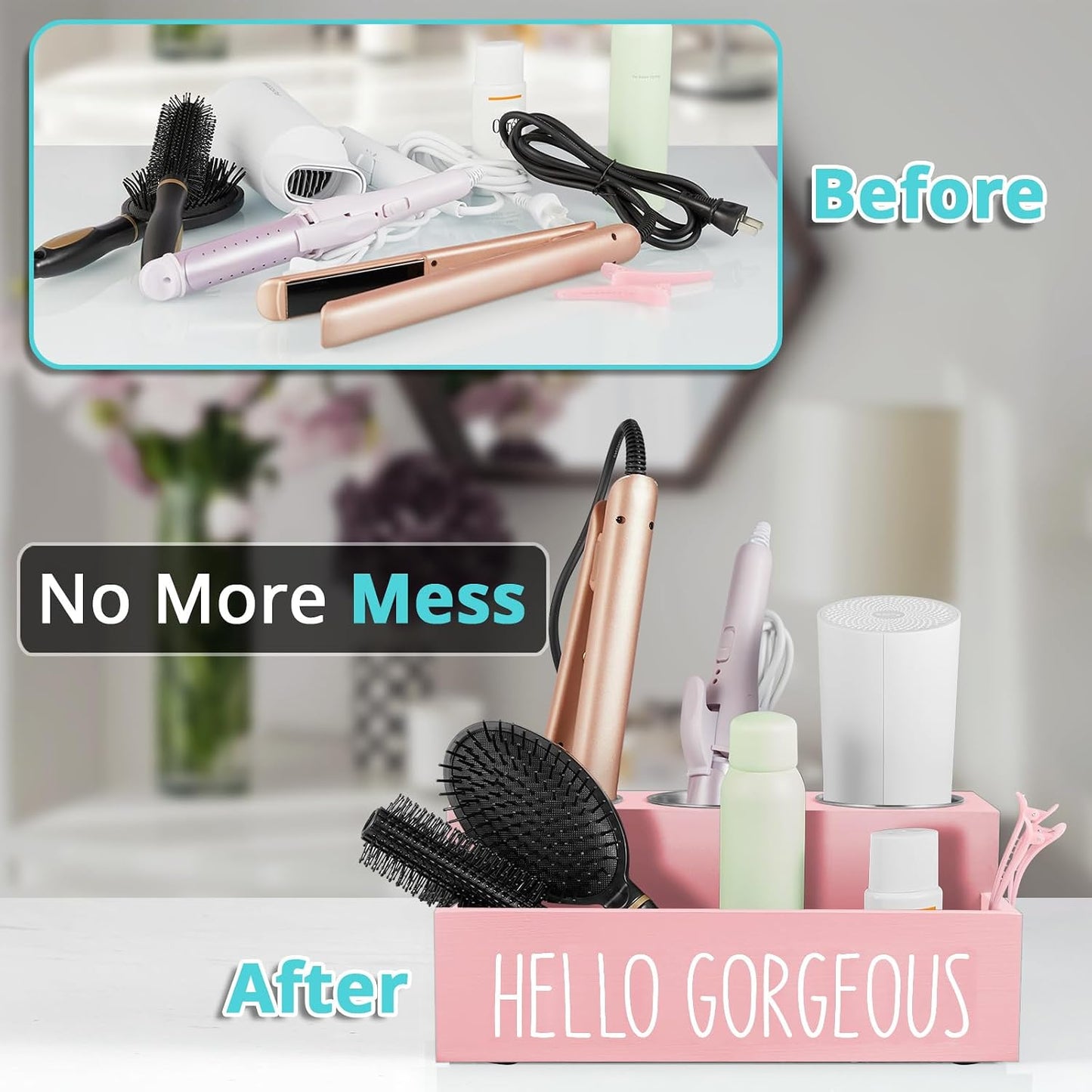 Bivvclaz Hair Tool Organizer, Wooden Hair Dryer Holder Countertop, Wall Mount Hot Tools Organizer for Hair Styling