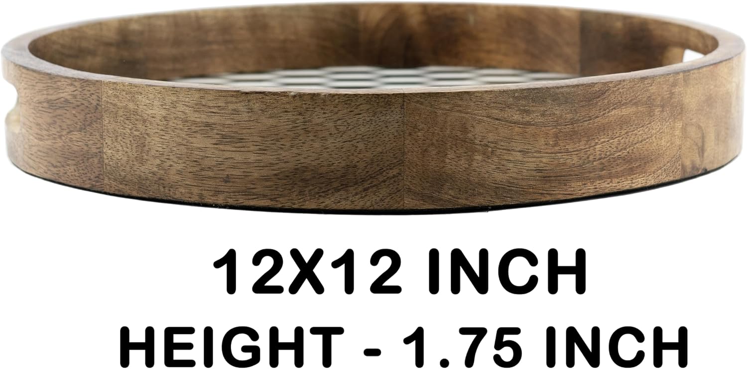 Wooden Round Serving Tray / Black and White Geometric / 12 x 12 / Set of 12