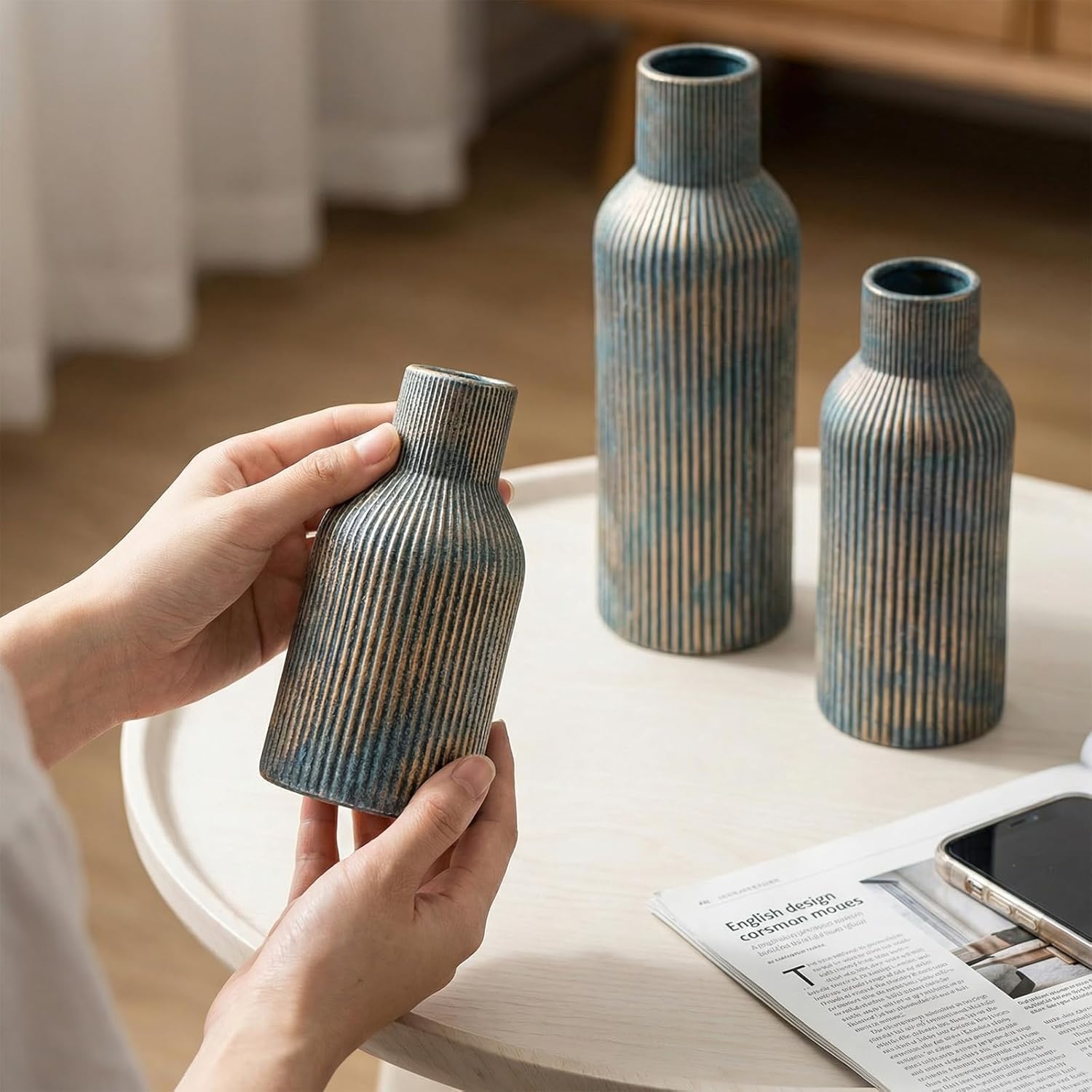 Ceramic Flower Vases / 3-piece-set / Vintage Blue / Set of 3