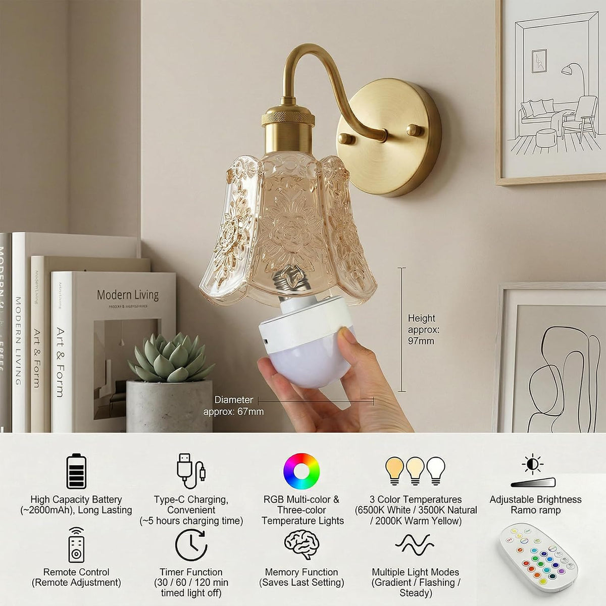 YUNICE Rechargeable Wall Sconces Set of 1 Battery Operated Wall Sconce with Remote Control Dimmable Cordless Wall Lamp