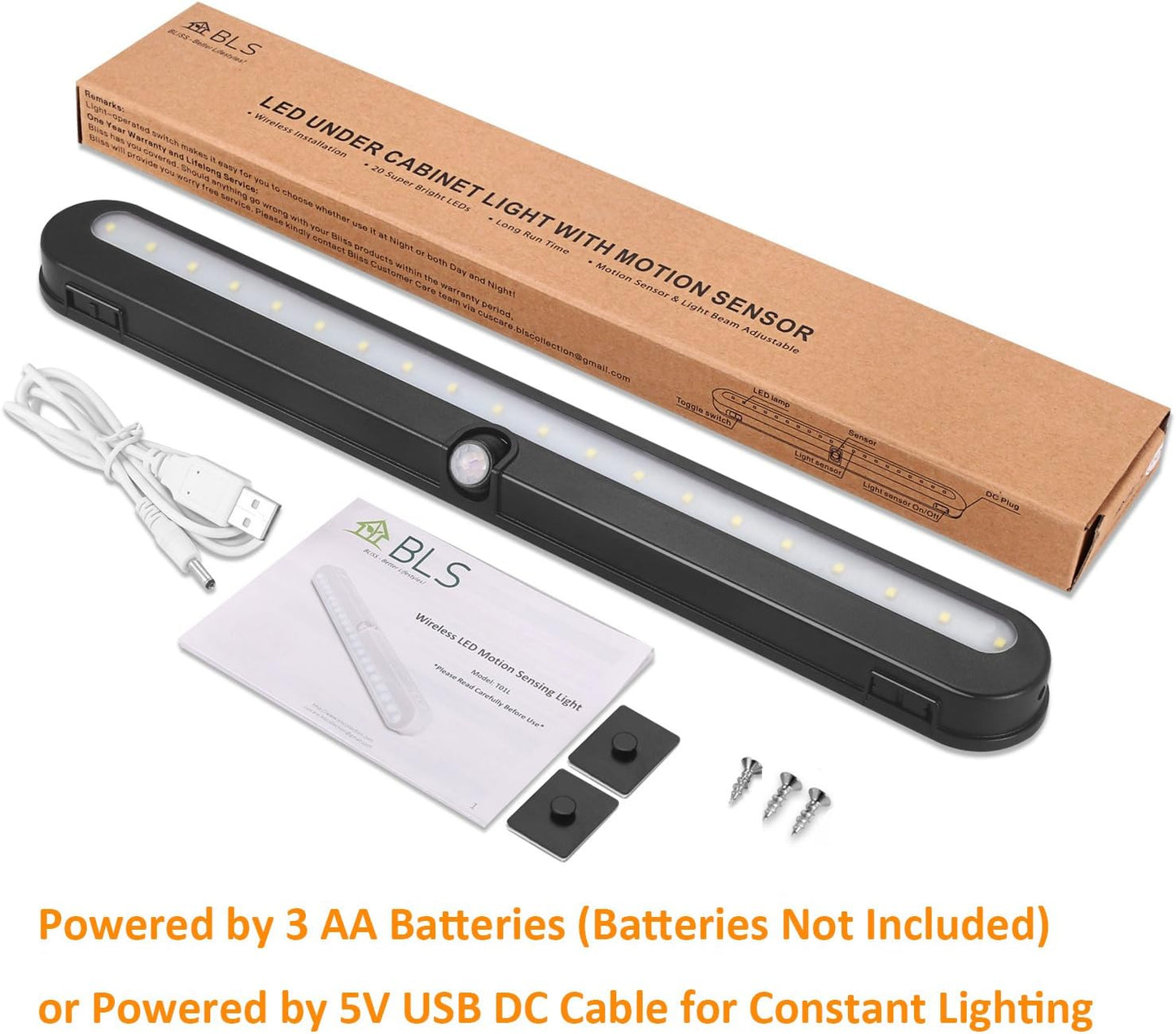 BLS T01LB LED Closet Light Super Bright 20 LED Under Cabinet Lighting Battery Powered/DC Input Wireless Motion Sensing