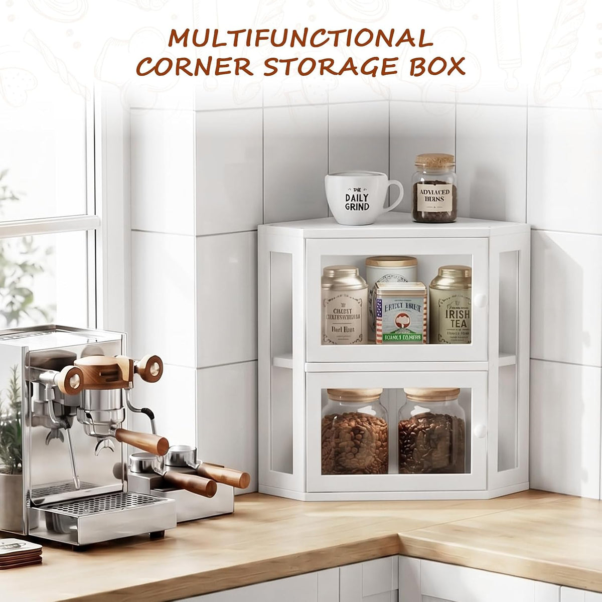 Corner Bread Box for Kitchen Countertop,Large Bread box,White | 2 Tier Bamboo Wood Corner Bread Box for Homemade Bread