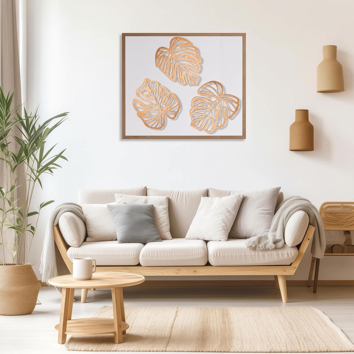 Wooden Natural Leaves Plant Wall Decor / Light Brown / Set of 3