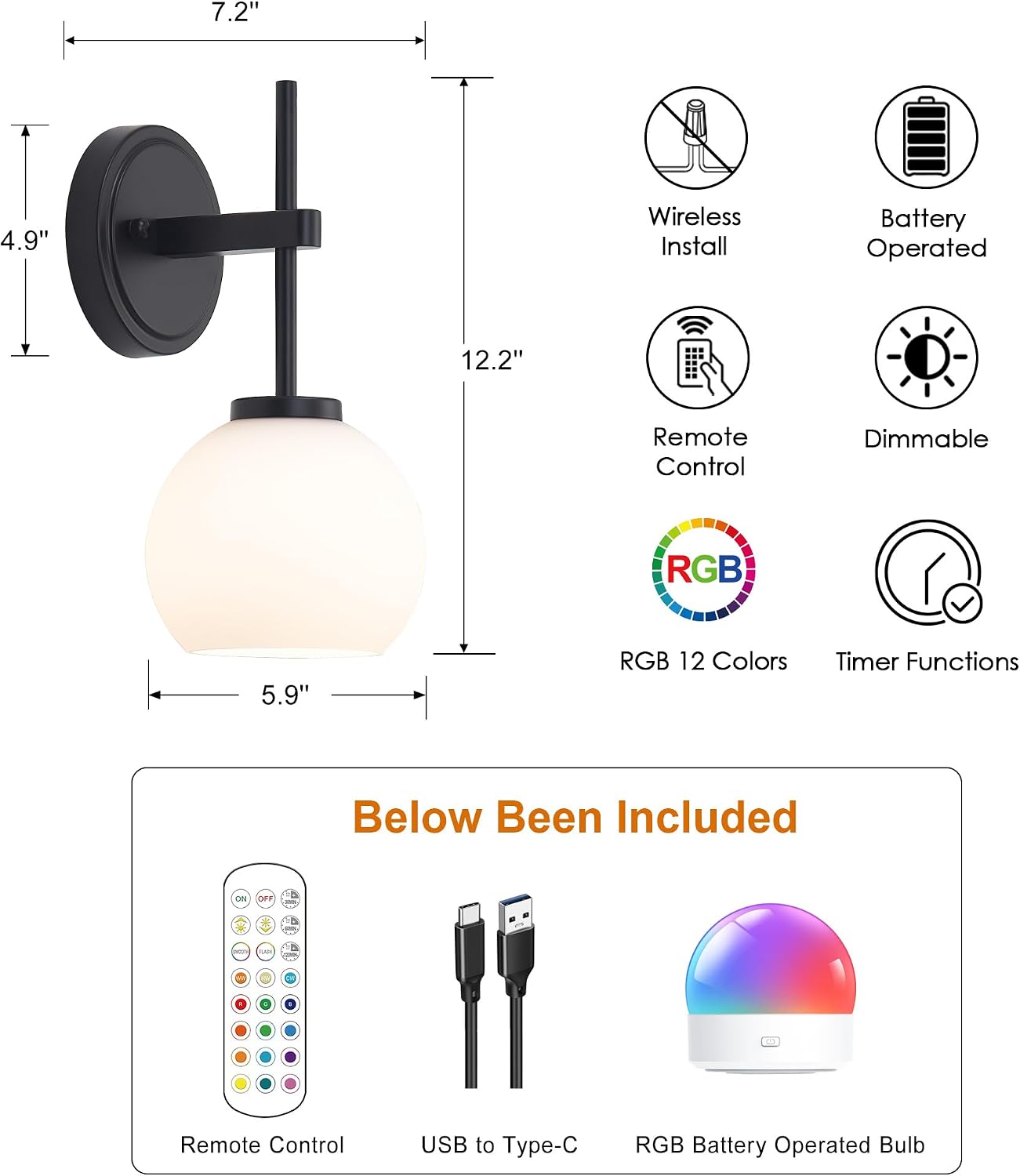 Black Wireless Rechargeable Wall Sconces with Remote Control, Battery Operated Wall Sconce Set of 2, LED Dimmable Wall