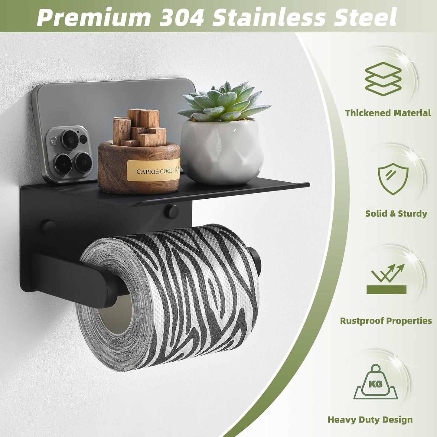 APLusee Toilet Paper Holder with Phone Shelf, Matte Black, Wall Mounted | 304 Stainless Steel, Rustproof Tissue Holder