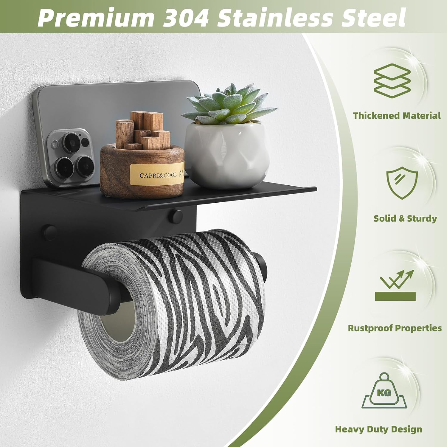 APLusee Toilet Paper Holder with Phone Shelf, Matte Black, Wall Mounted | 304 Stainless Steel, Rustproof Tissue Holder