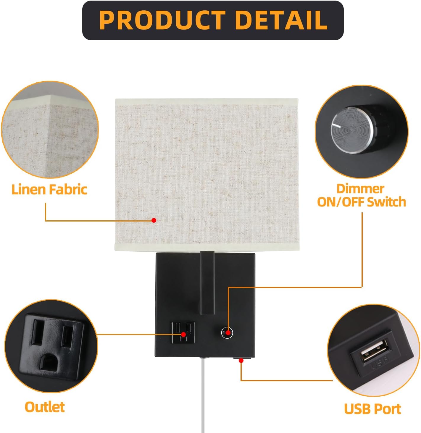 Bedside Wall Mount Light with Outlet and Dimmable Switch, Black Fabric Shade Wall Sconce Light with USB Port and Plug