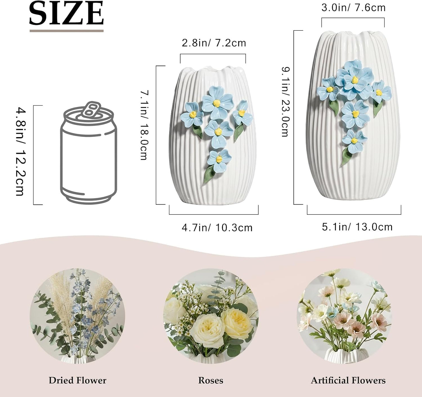 White Ceramic Vase / White and Light Blue / 7 Inch