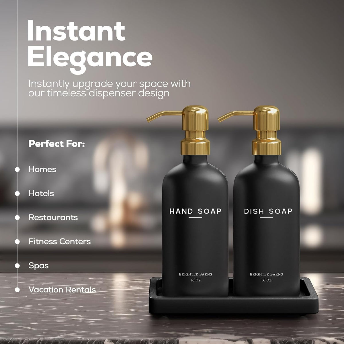Luxury Glass Hand and Dish Soap Dispenser Set by Brighter Barns - Black and Gold Soap Dispenser Set for Kitchen Sink